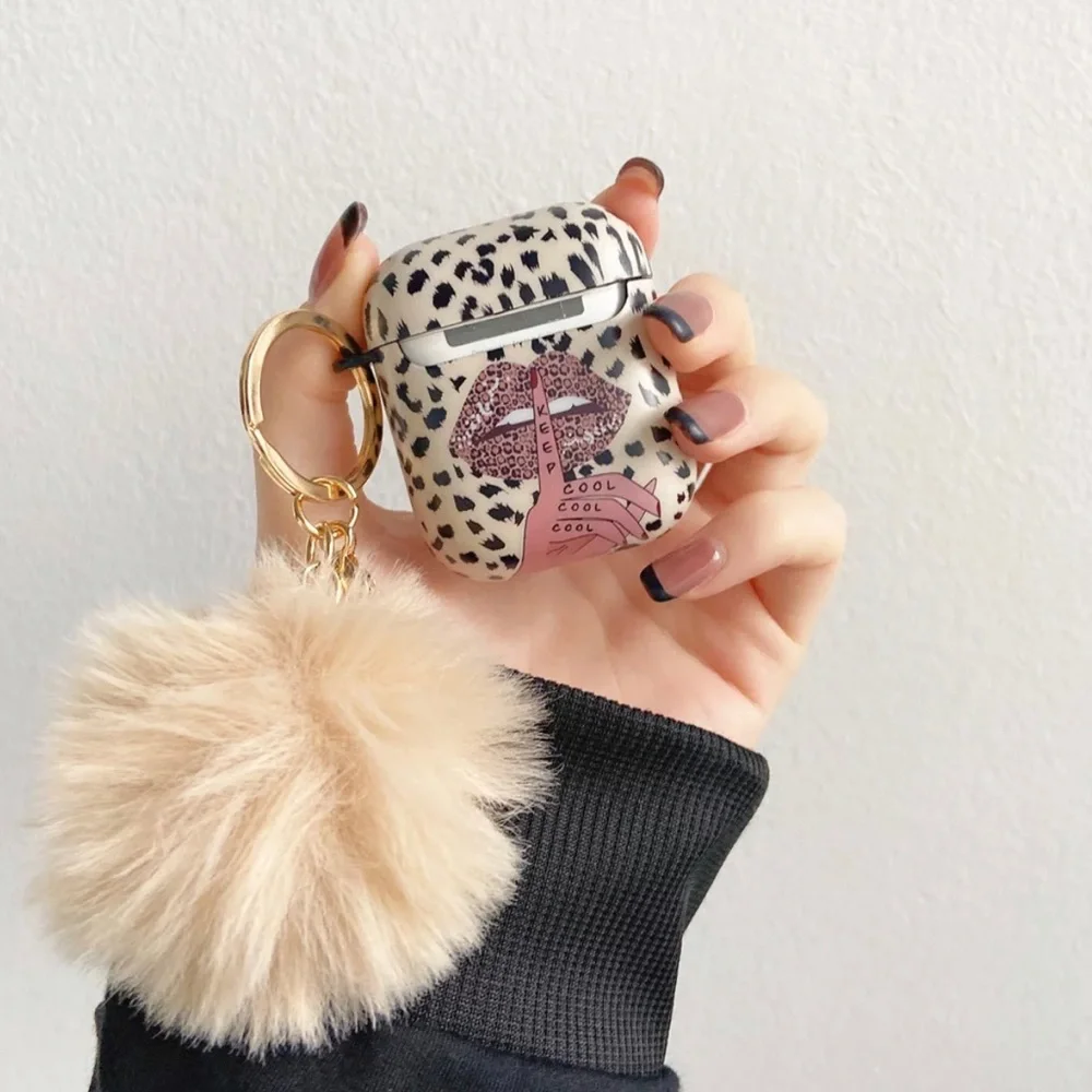 Cute Leopard Lip Fur‎ Ball Keychain Earphone Case for Apple Airpods